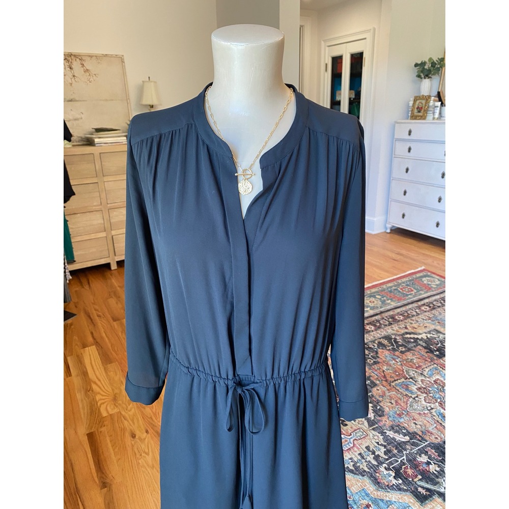 Daniel Rainn Dark Navy Blue Split Neck Drawstring Waist Long Sleeve Dress S